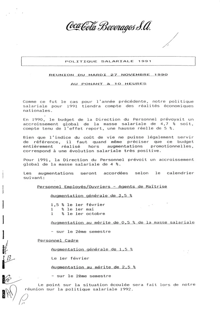 Document FO Coca-Cola sur la politique salariale 1991 du 27 novembre 1990.