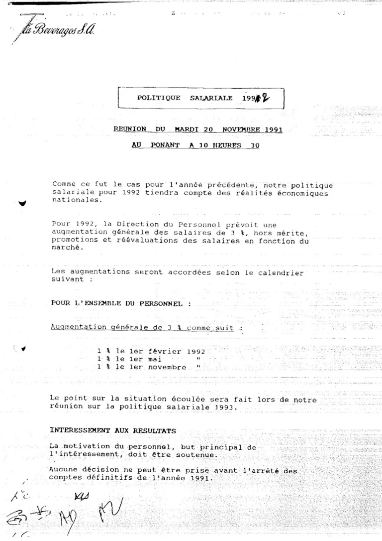 Document FO Coca-Cola sur la politique salariale 1992 du 20 novembre 1991.
