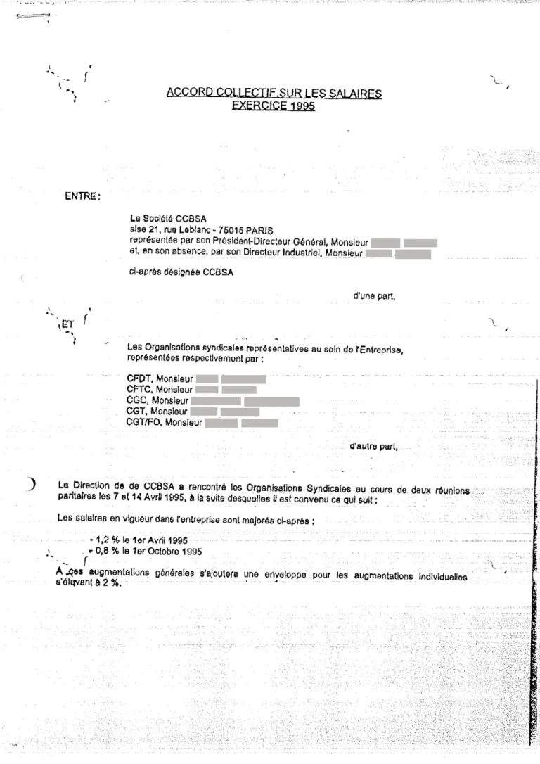 Accord collectif FO Coca-Cola sur les salaires de 1995.