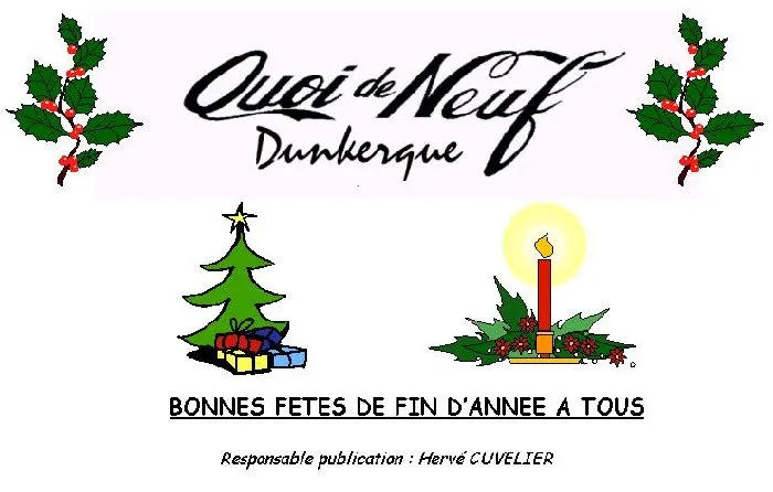 Carte de vœux Quoi de Neuf Dunkerque, décorations de Noël, sapin, bougie et texte 'Bonnes fêtes de fin d'année à tous'