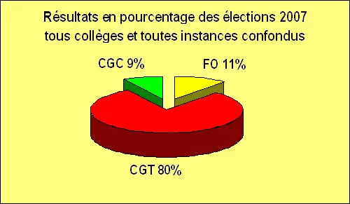 Graphique en camembert des résultats des élections 2007 : CGT 80%, FO 11%, CGC 9%.