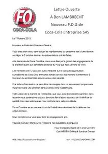 Lettre de FO à Coca-Cola contre l'uniformisation des acquis sociaux.