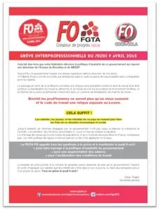 Appel FGTA-FO Coca-Cola à la grève du 9 avril 2015 contre l'austérité.