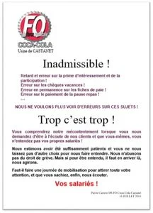 FO Coca-Cola exige des actions contre les erreurs de paie et primes.