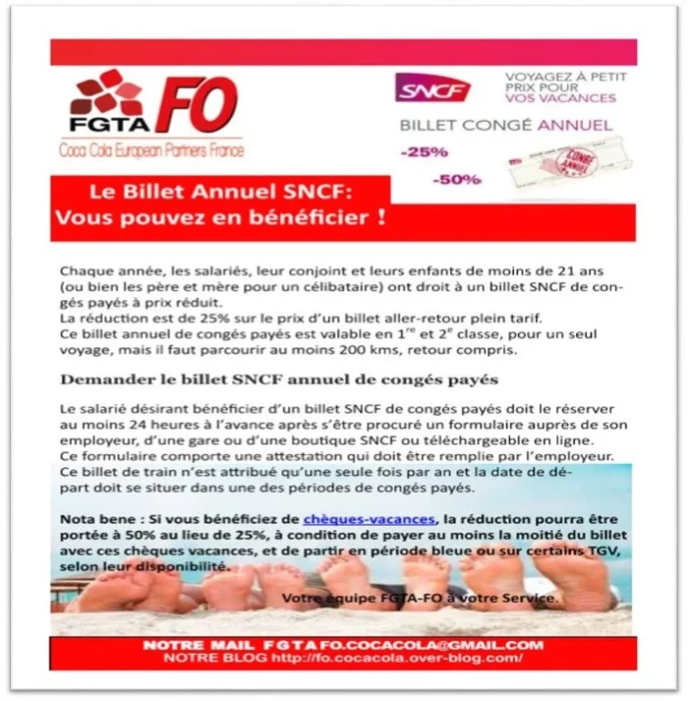 Information syndicale FGTA-FO Coca-Cola sur les réductions SNCF 2017.
