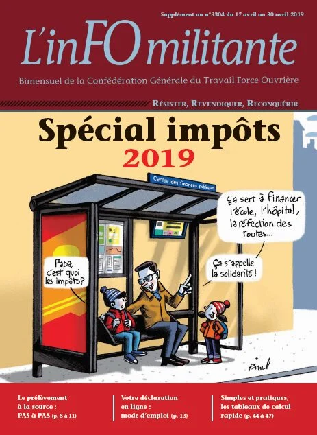 Couverture du F.O. Hebdo spécial impôts 2019 pour les adhérents.