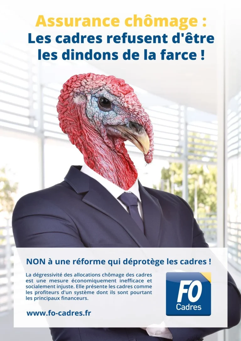 Affiche FO dénonçant l'injustice de la dégressivité du chômage des cadres.