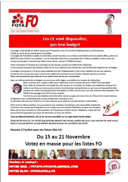 Communication syndicale Force Ouvrière sur le budget ASC et les conditions de travail.