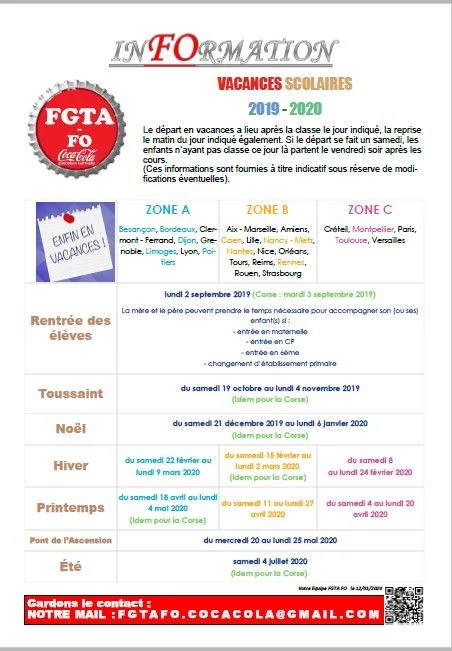 Informations syndicales FO sur les vacances scolaires pour les familles.