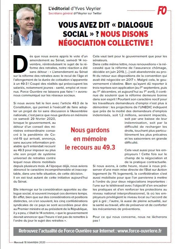 Éditorial FO de novembre 2020 sur les retraites et le chômage.
