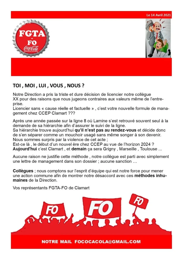 Tract FGTA-FO dénonçant un licenciement arbitraire à CCEP Clamart.