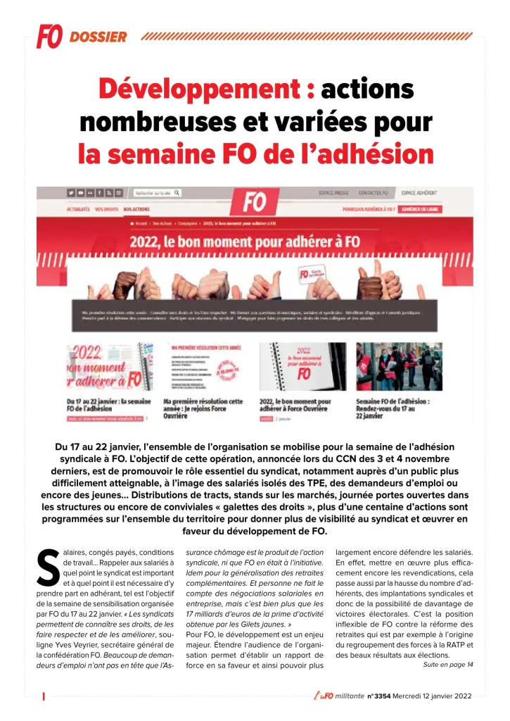 Couverture PDF des actions FO pour la semaine de l'adhésion Force Ouvrière.