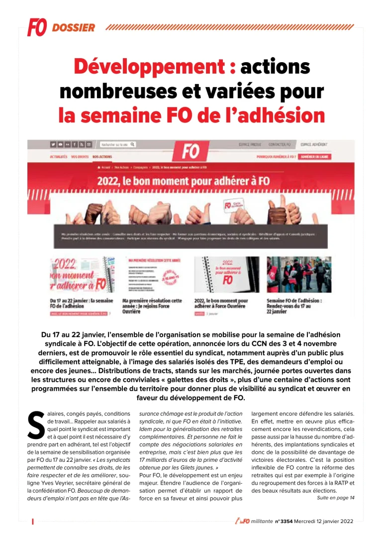 Couverture PDF des actions FO pour la semaine de l'adhésion Force Ouvrière.