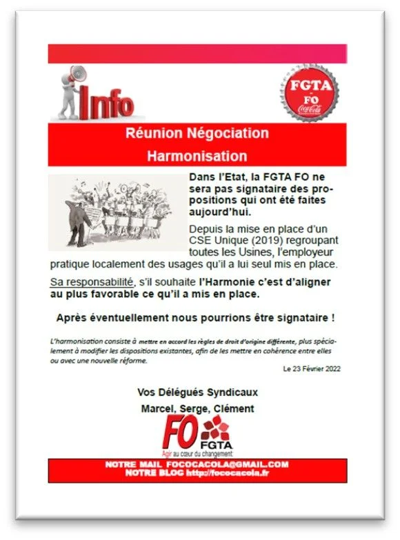FO s'oppose à l'harmonisation défavorable des conditions de travail.