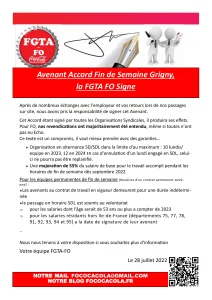 Avenant Accord Fin de Semaine Grigny : la FGTA FO signe