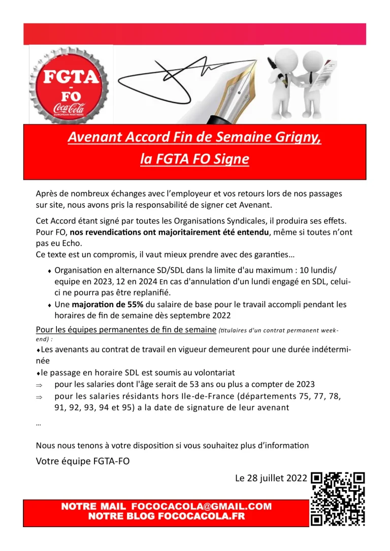 Signature FGTA-FO de l'avenant accord fin de semaine à Grigny.