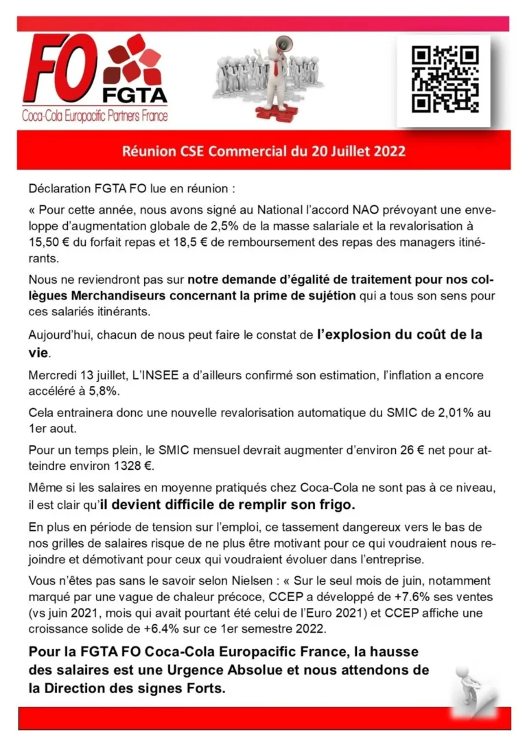 Délégation FO Coca-Cola intervenant en CSE commercial sur les salaires.