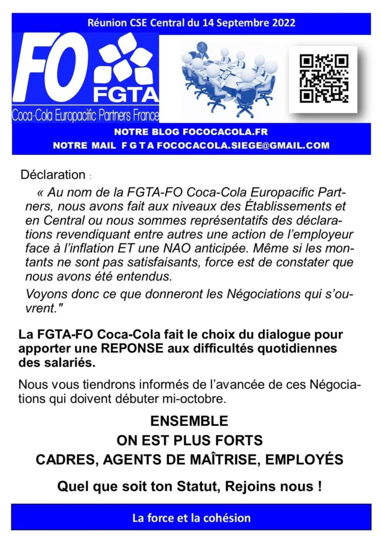 Déclaration FGTA-FO au CSE Coca-Cola concernant l'inflation.