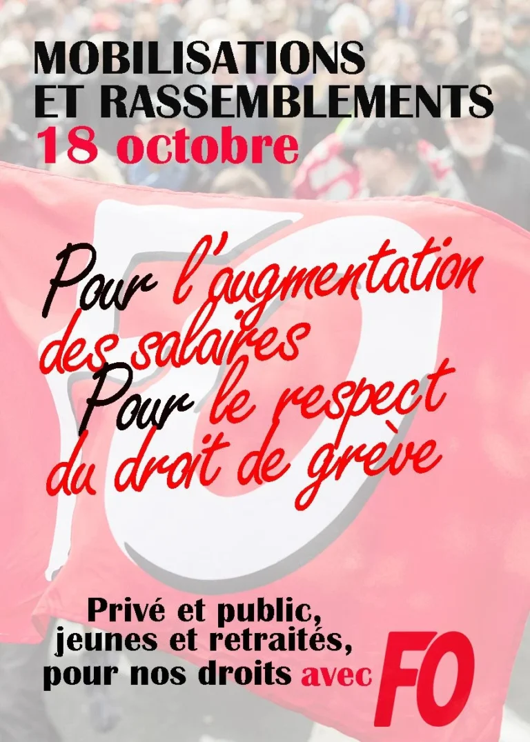 Affiche FO appelant à la mobilisation du 18 octobre pour les salaires.