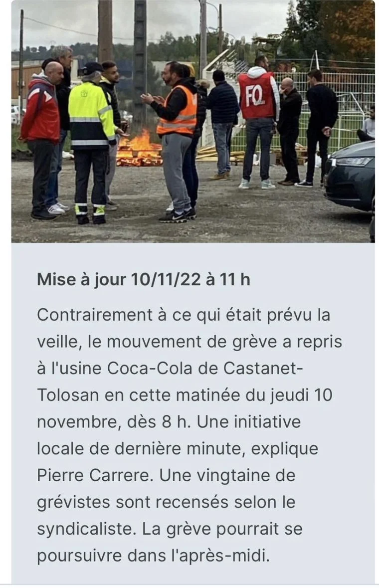 Grévistes FO Coca-Cola à Castanet-Tolosan revendiquant de meilleurs salaires.