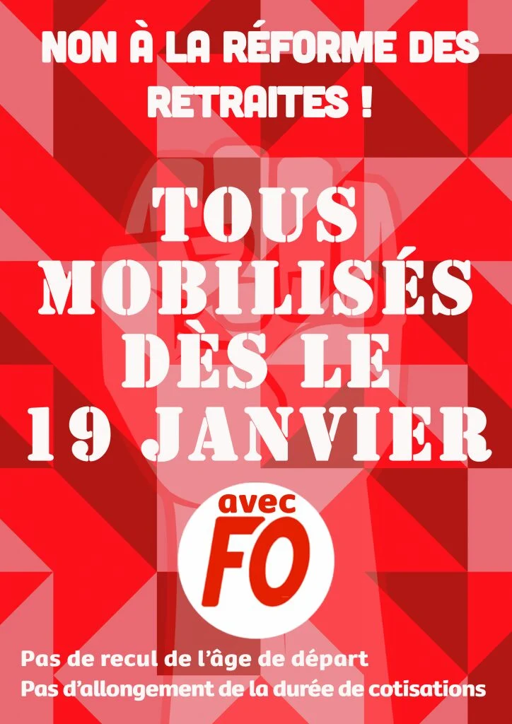 Affiche syndicale FO appelant à la mobilisation contre la réforme des retraites 2023.