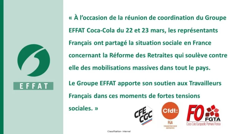 EFFAT Coca-Cola exprime son soutien à FO contre la réforme des retraites.