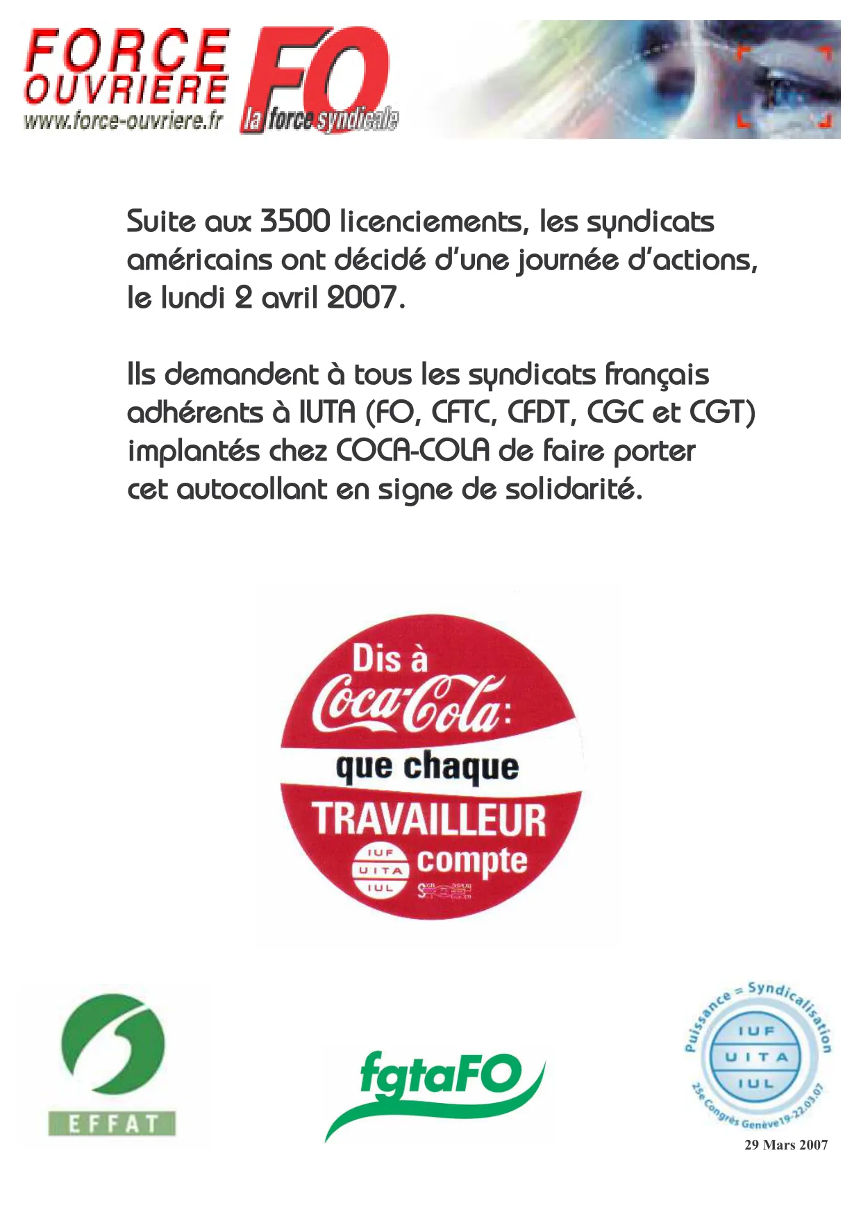 Solidarité avec les travailleurs de Coca-Cola : journée d&rsquo;action syndicale
