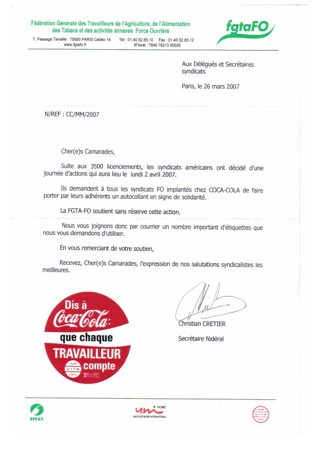 Soutien aux syndicats américains face aux licenciements chez Coca-Cola