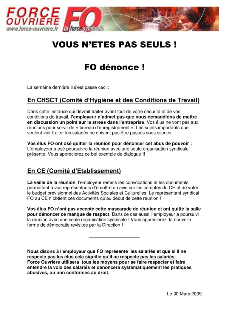 FO Coca-Cola dénonce le manque de respect envers élus et salariés en 2009.