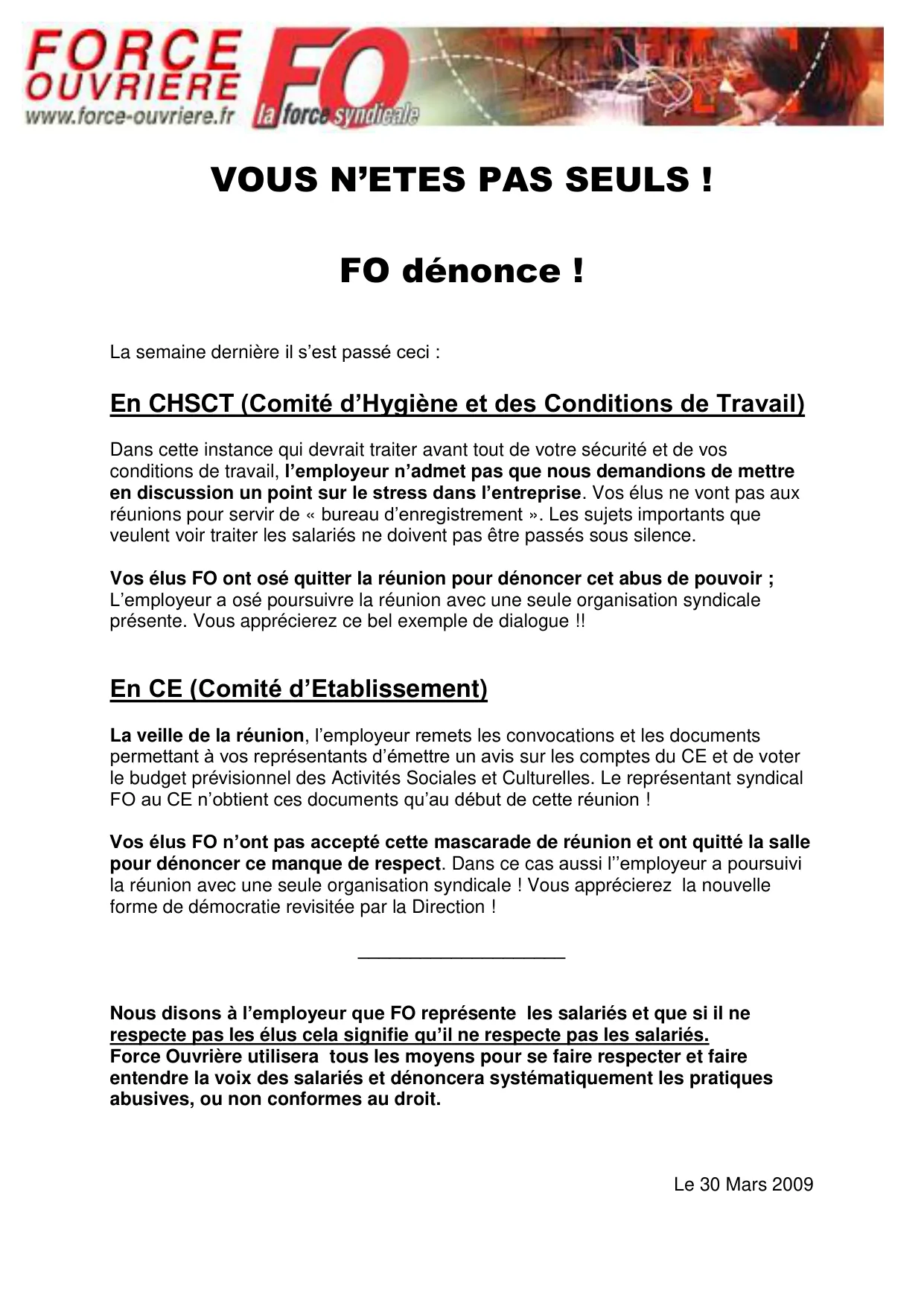 FO dénonce le manque de respect envers les élus et les salariés