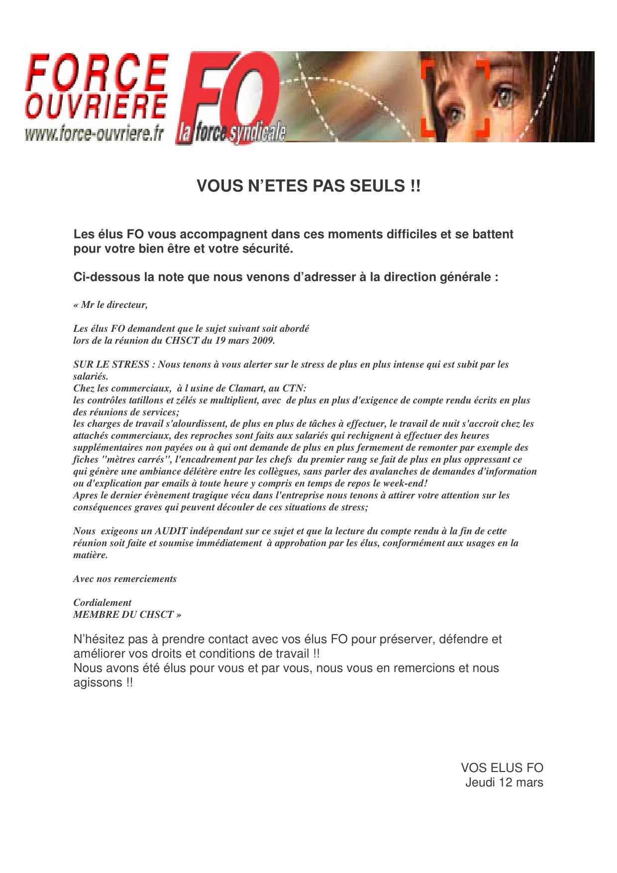 Stress au travail : FO alerte la direction