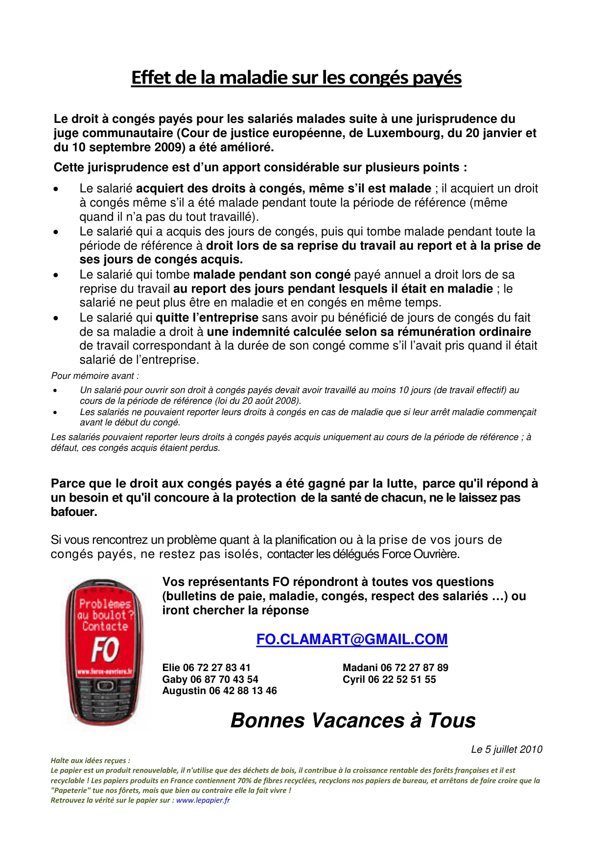 Congés Payés : Vos Droits FO