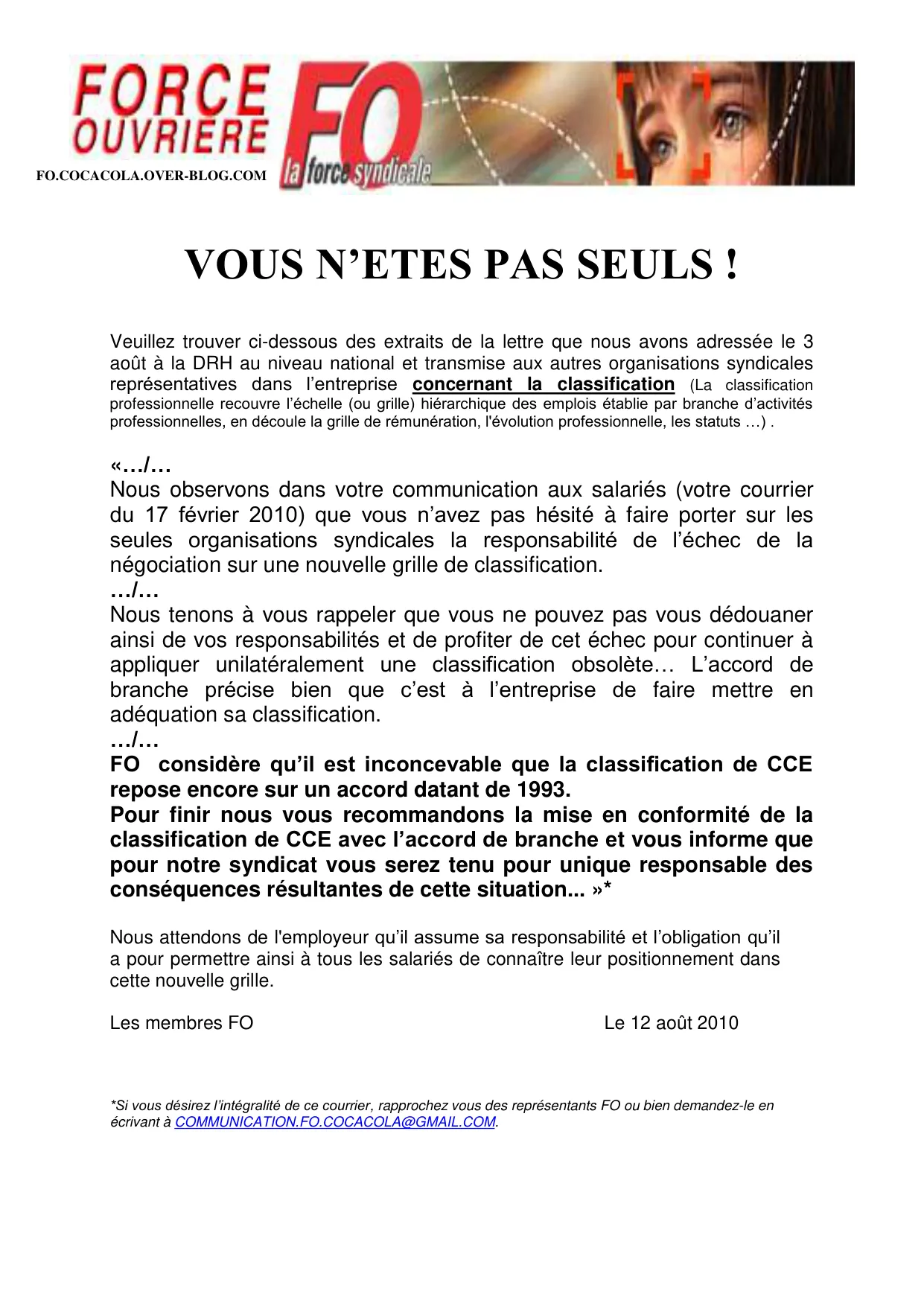 Classification : FO interpelle la direction