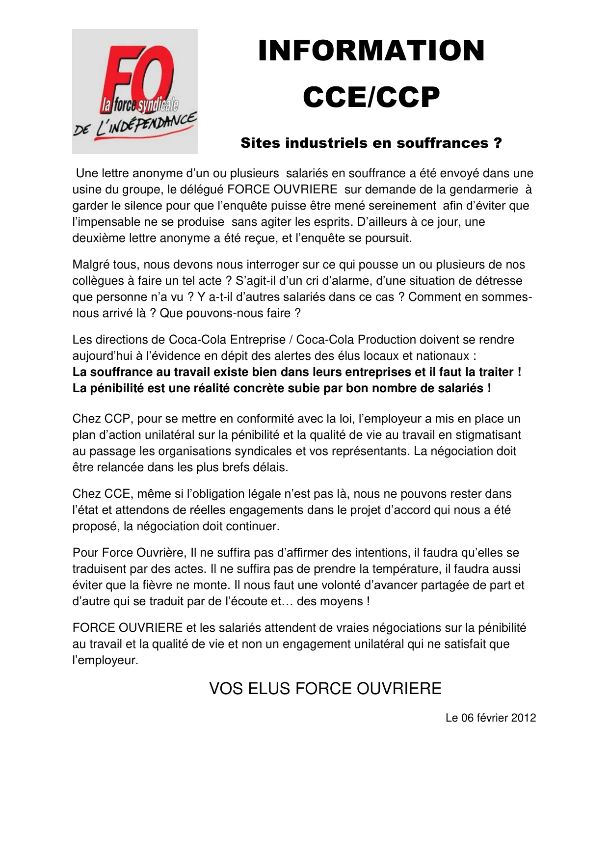 Souffrance au travail chez Coca-Cola : FO alerte !