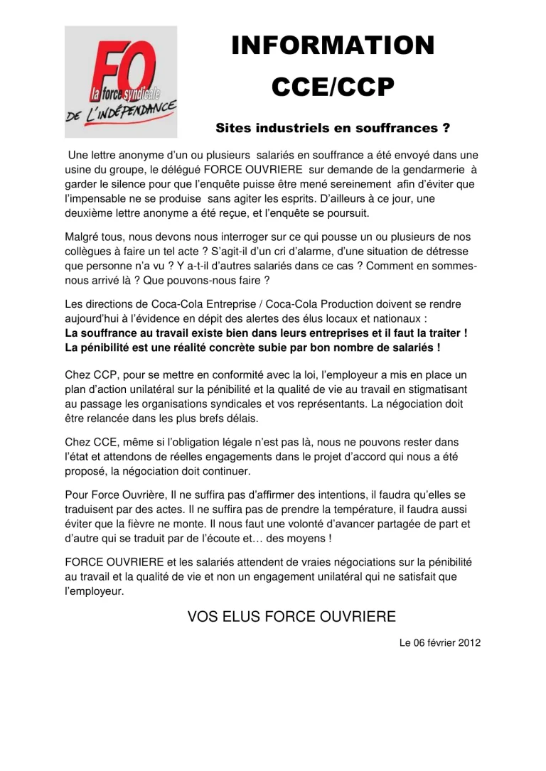 Alerte FO Coca-Cola 2011 sur la souffrance au travail.