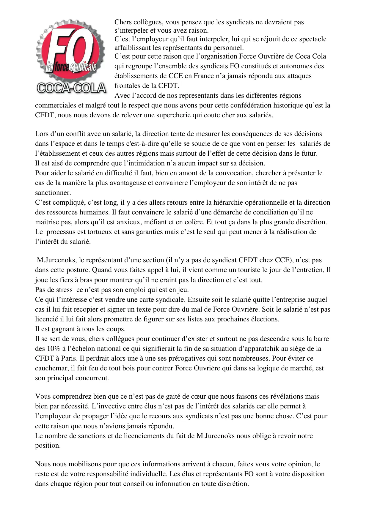 FO : Mise en garde contre les agissements de la CFDT chez CCE