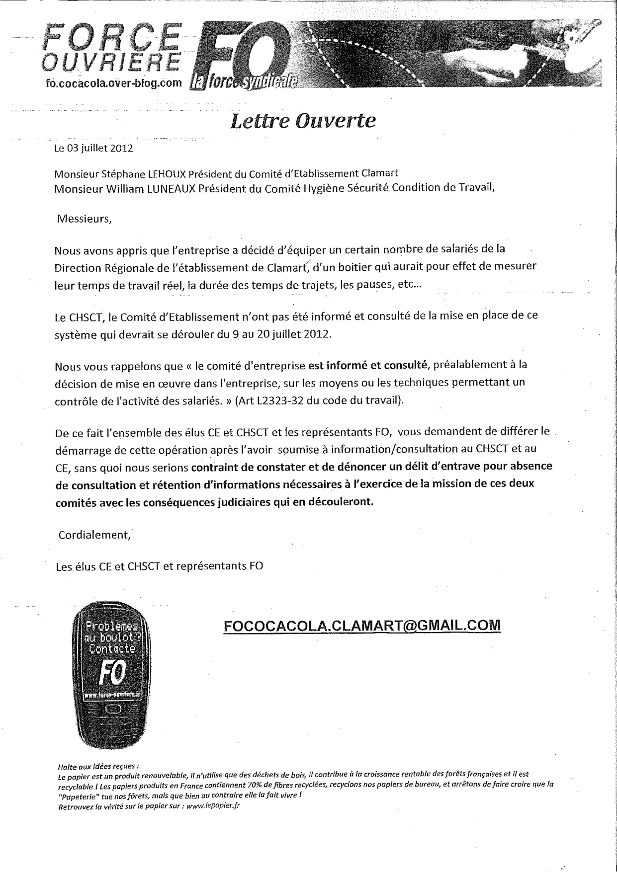 FO s&rsquo;oppose à la surveillance des temps de travail
