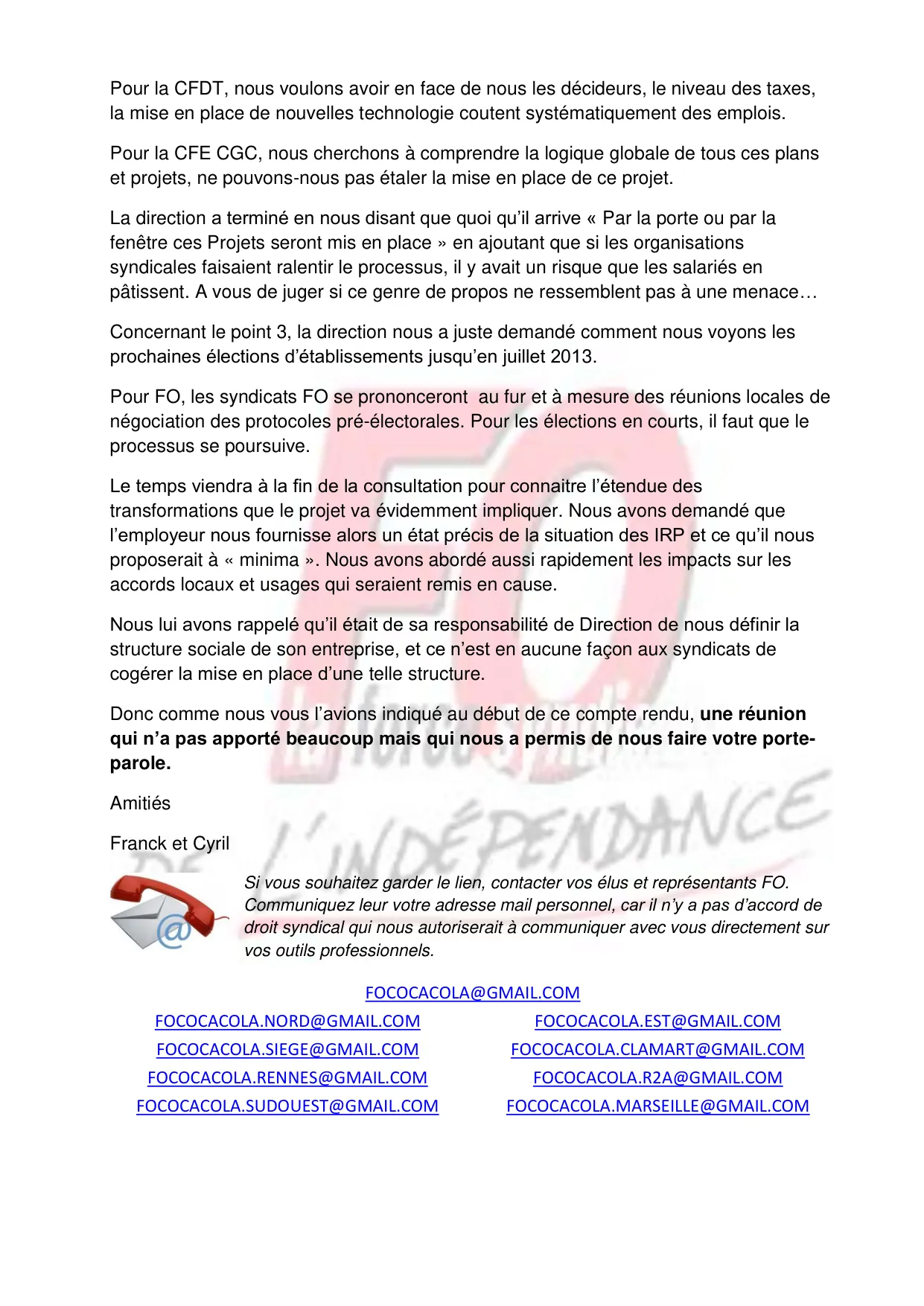 Réorganisation et Elections : Compte rendu des DSC du 31 Octobre 2012
