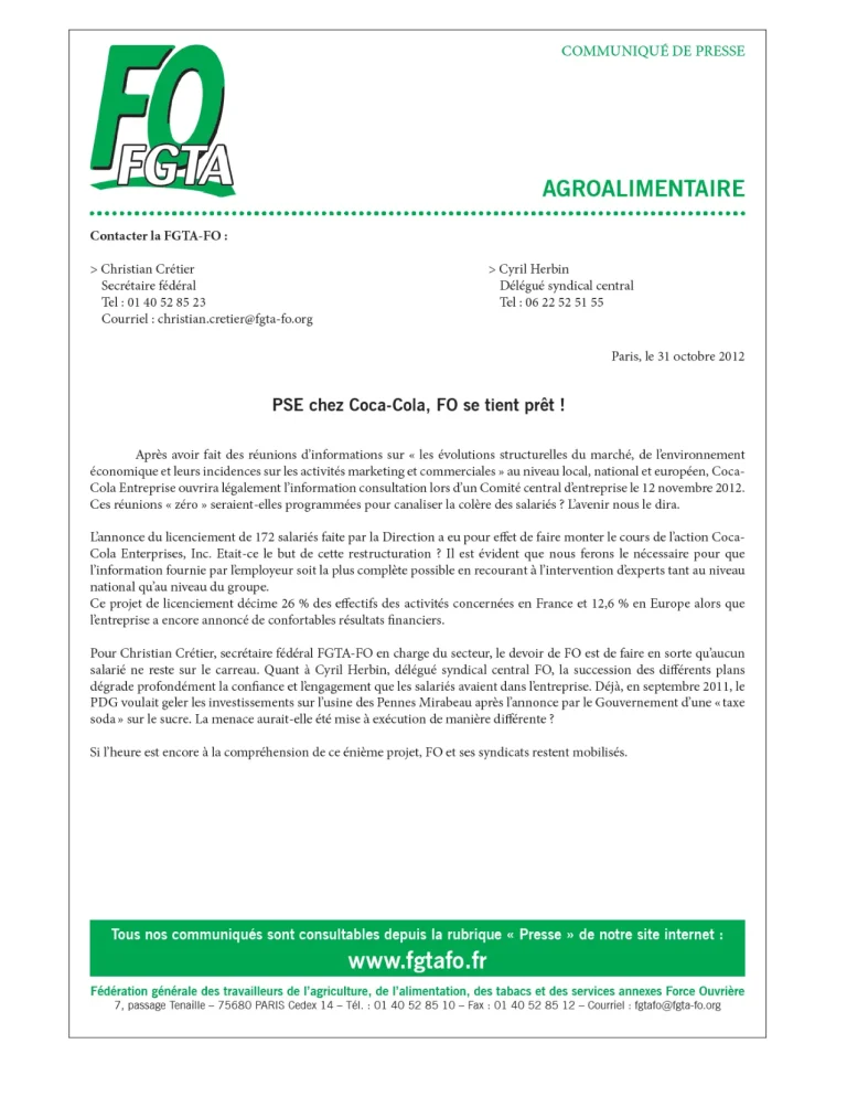 Information syndicale FO Coca-Cola sur le projet commercial marketing 2012.