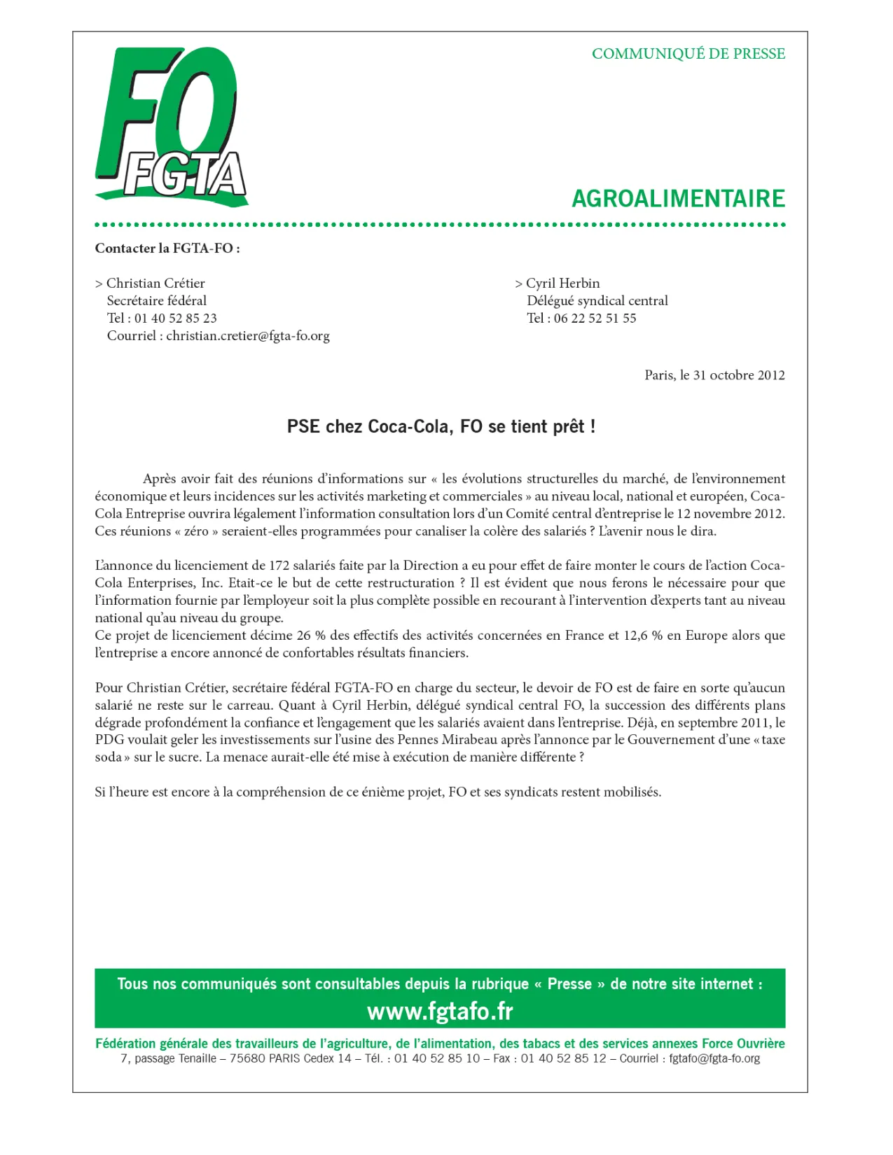 Projet Commercial & Marketing : FO vous informe et vous défend (Novembre 2012)
