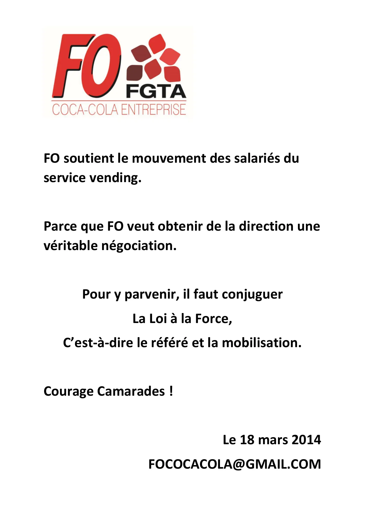 FO soutient le mouvement des salariés du service vending