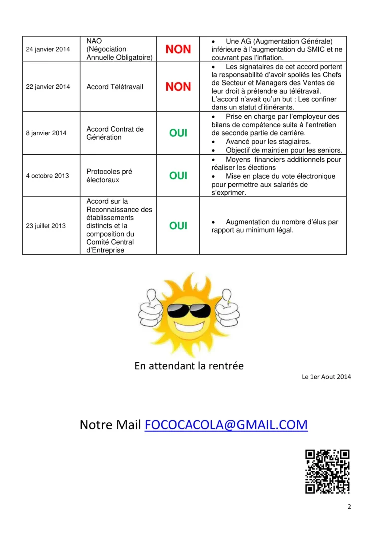 Bilan des accords et actions syndicales FO Coca-Cola 2014.