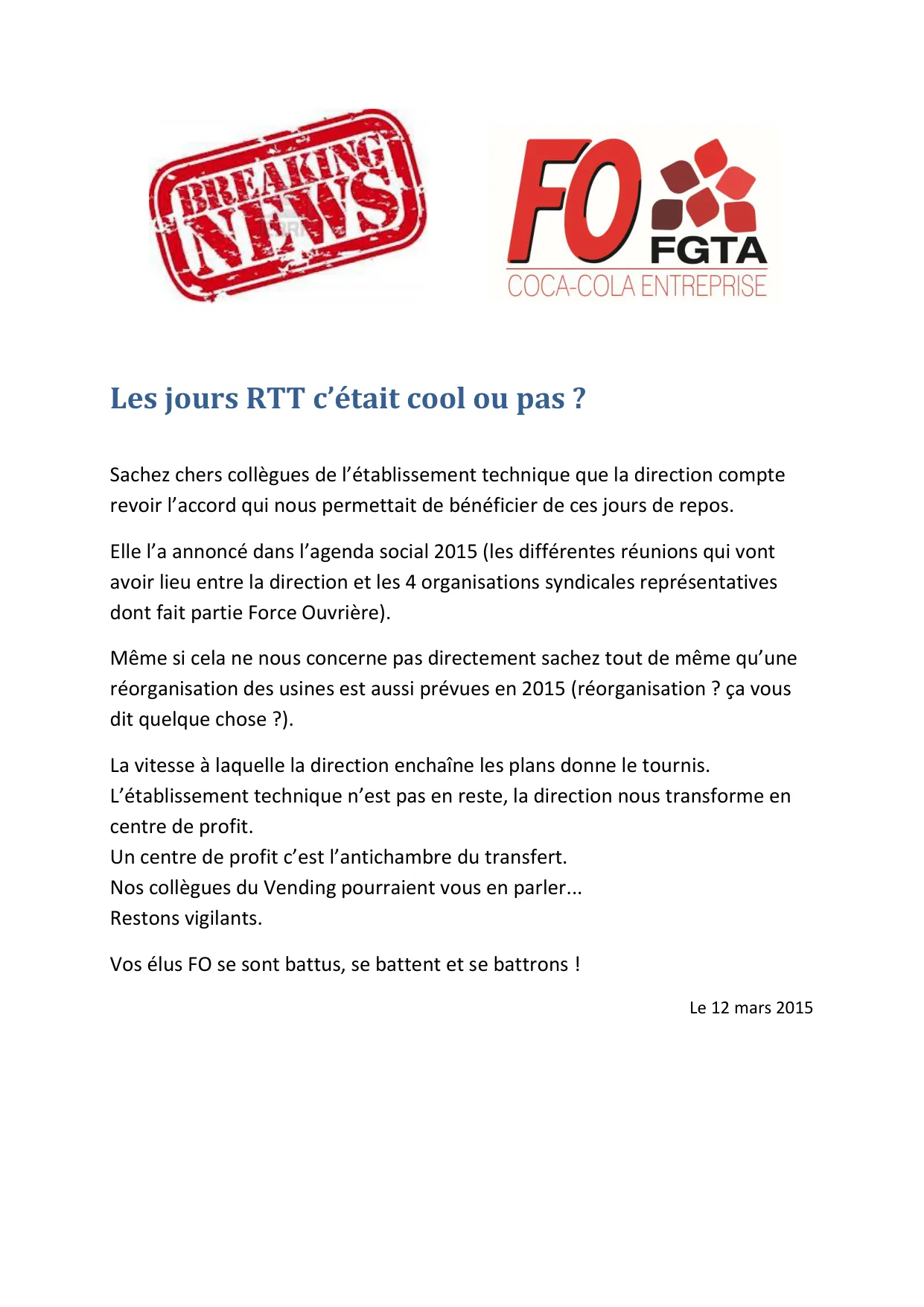 Menace sur les RTT à l&rsquo;Établissement Technique