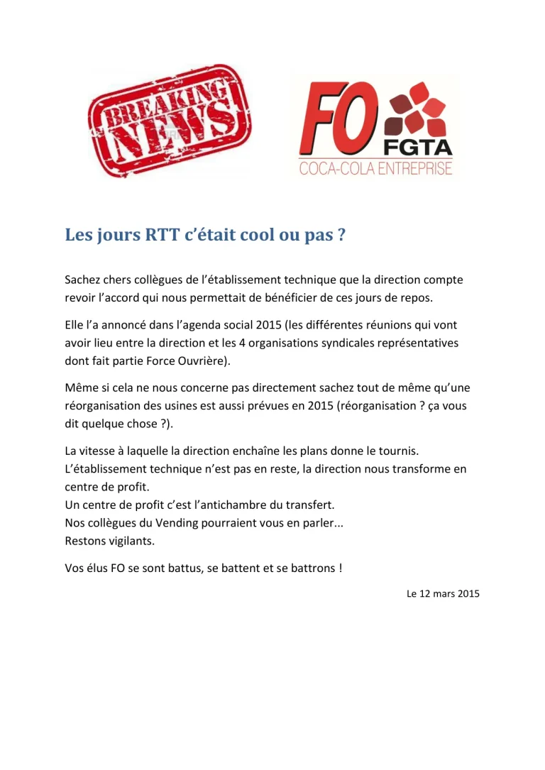 Alerte FO Coca-Cola 2015 concernant la menace sur les RTT.