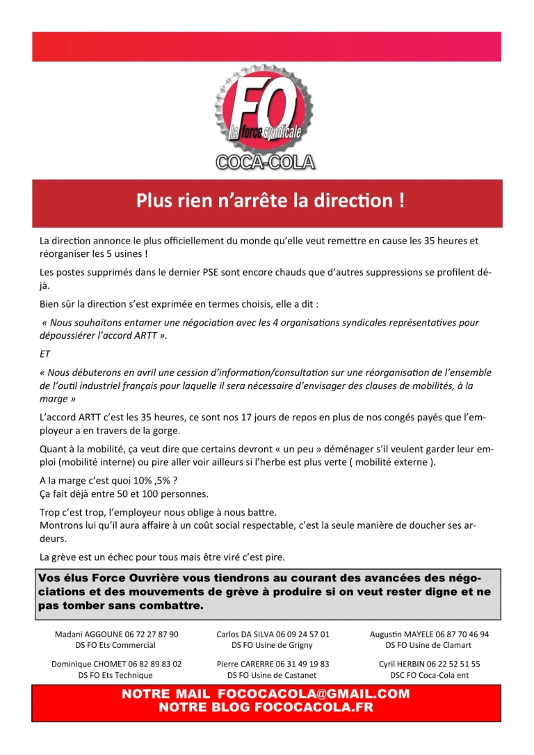 FO Coca-Cola se mobilise contre les menaces sur les 35h.