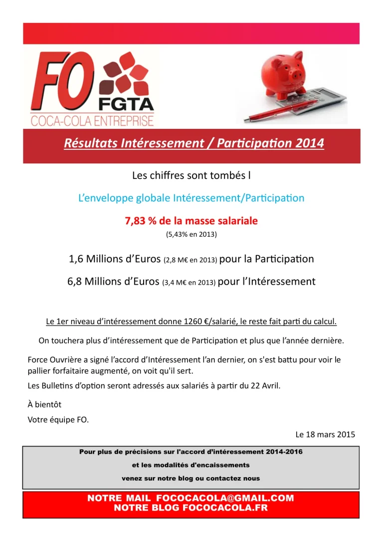 Résultats 2014 de l'intéressement et participation chez FO Coca-Cola.
