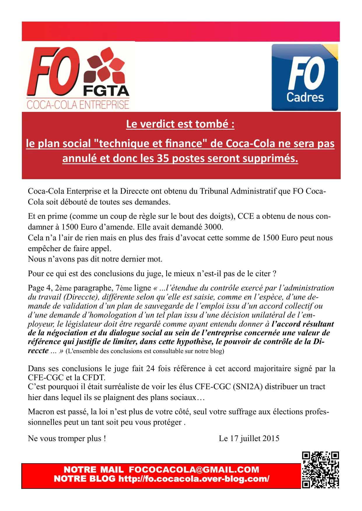Plan Social Coca-Cola : FO ne lâche rien !