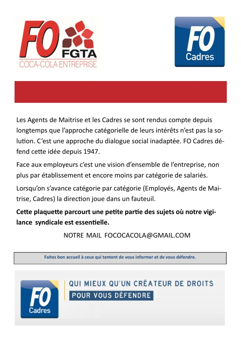 Document FO Cadres présentant leur vision d'ensemble pour Coca-Cola.