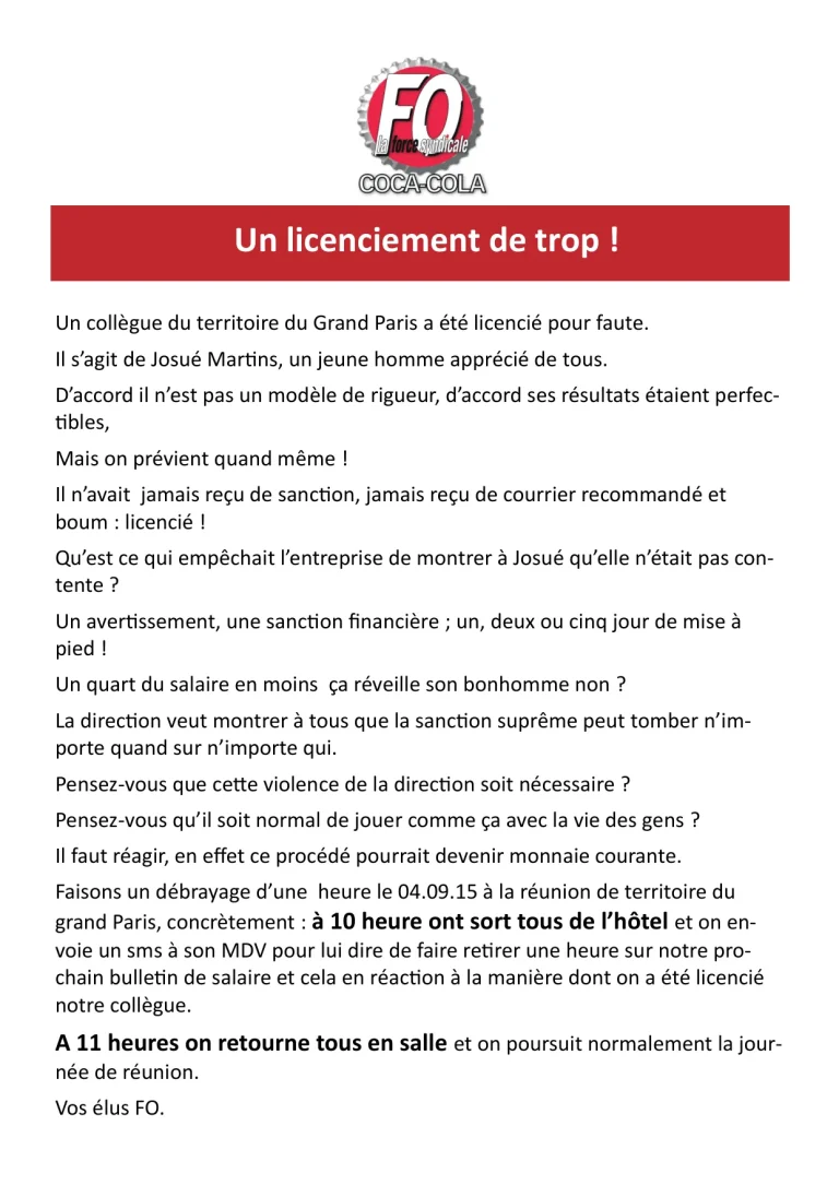 FO Coca-Cola réagit contre un licenciement abusif en septembre 2015.