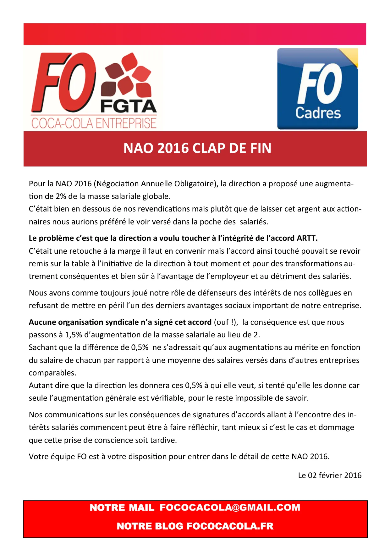 NAO 2016 : Force Ouvrière refuse un accord dégradant l&rsquo;ARTT
